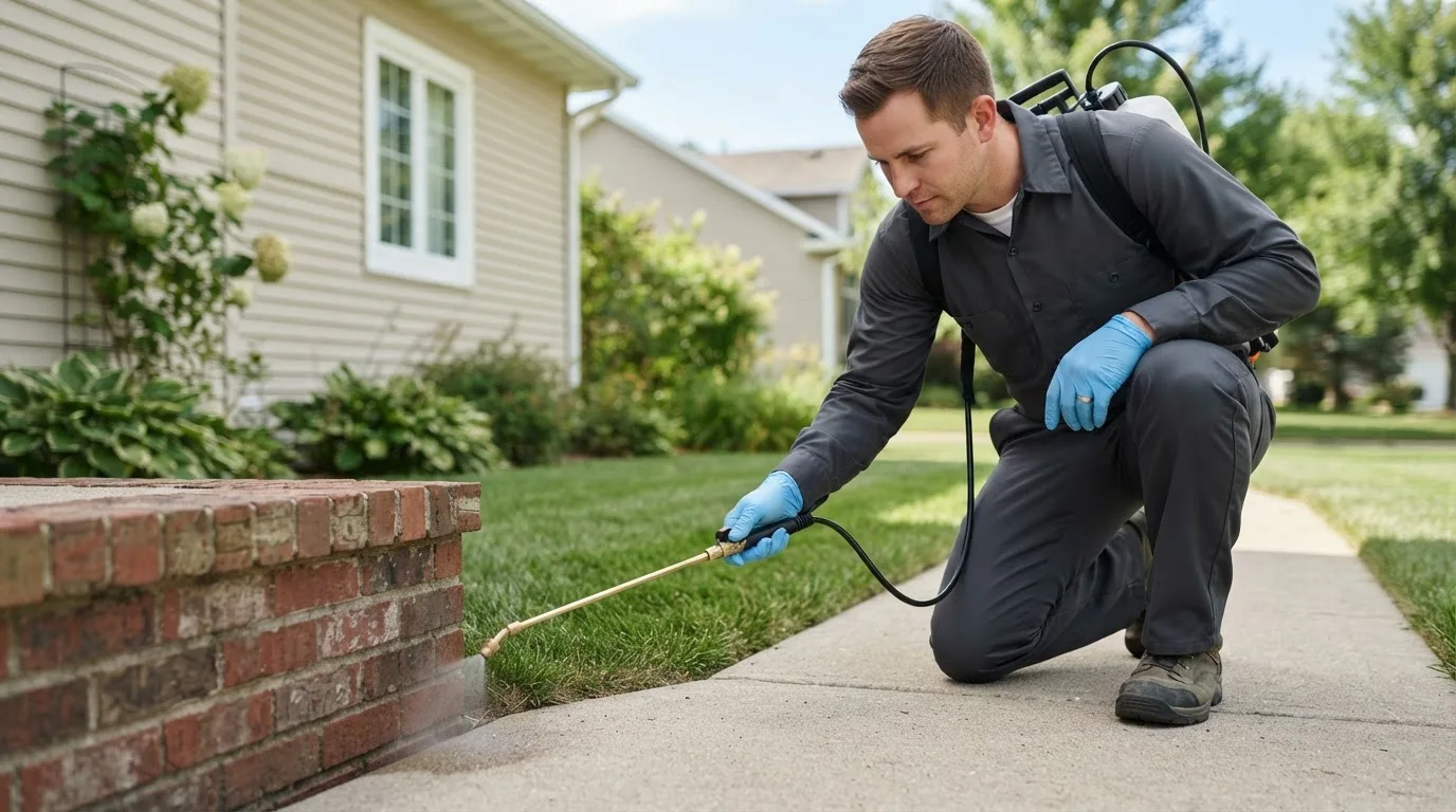 Pest control technician treating a home near Ford, VA